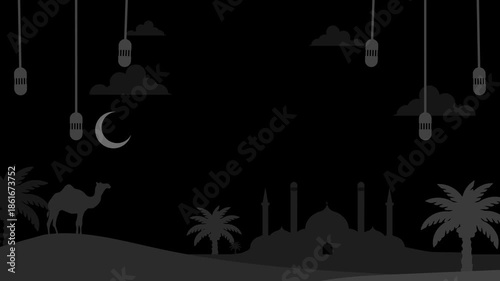 “Ramadan Night Islamic Background with Mosque Silhouette, Crescent Moon and Hanging Lanterns”