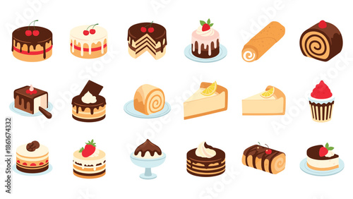 Large collection of various cakes, rolls, cheesecakes, and desserts with chocolate, fruit, and cream toppings on white background.