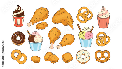 Assorted fast food items including fried chicken, pretzels, donuts, onion rings, and ice cream cones on a white background.