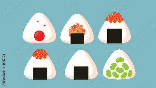 Set of six different onigiri rice balls with various fillings like salmon, roe, and edamame beans isolated on a blue background.