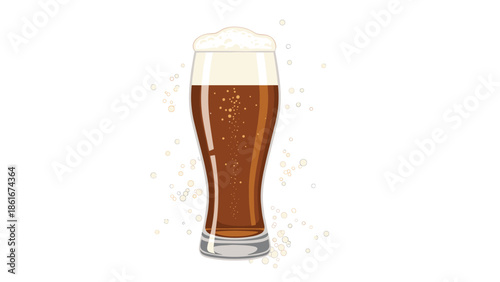 Tall glass of dark amber beer with a thick white head and carbonation bubbles isolated on a white background with foam splashes.