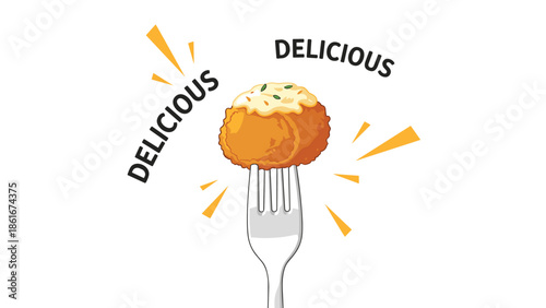 Single crispy fried meatball with a creamy topping held on a silver fork with yellow sparks and the word delicious around it.