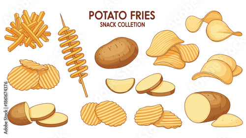 Comprehensive collection of potato snacks including fries, chips, wedges, and whole potatoes labeled as potato fries snack collection.