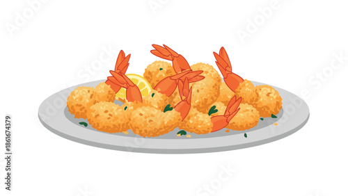 Plate of golden brown crispy fried breaded shrimp garnished with green herbs and a lemon slice isolated on a white background.