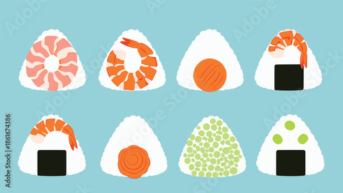 Collection of eight different onigiri rice balls featuring toppings like shrimp, salmon, and green peas against a blue background.