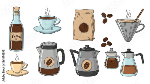 Variety of coffee-related items including beans, bags, brewing pots, cups, and a glass bottle of cold brew on white background.