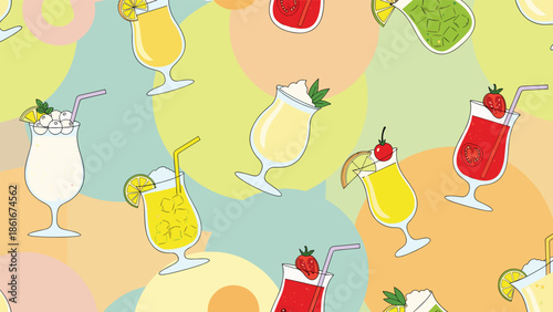 Vibrant seamless pattern of various fruit cocktails and milkshakes with straws and garnishes on a colorful circle background.