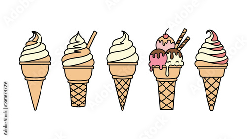 Row of five different soft serve ice cream cones with vanilla, chocolate, and strawberry flavors on a white background.