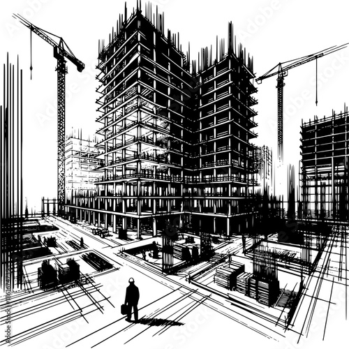 Construction Site Blueprint: A detailed sketch captures the dynamic construction site, where towering structures and construction cranes reach for the sky, visualizing the future of urban landscapes.