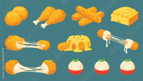 Assortment of fried cheese snacks like mozzarella sticks and balls with melted cheese stretching between pieces on blue.