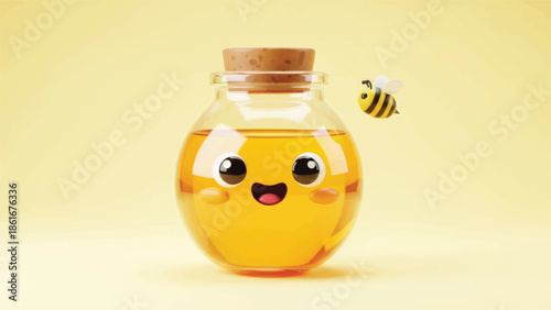 Cute cartoon honey jar with a smiling face on a yellow background.