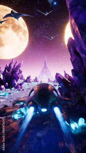Alien Spaceship Flying Over Purple Crystal Planet Towards Futuristic City