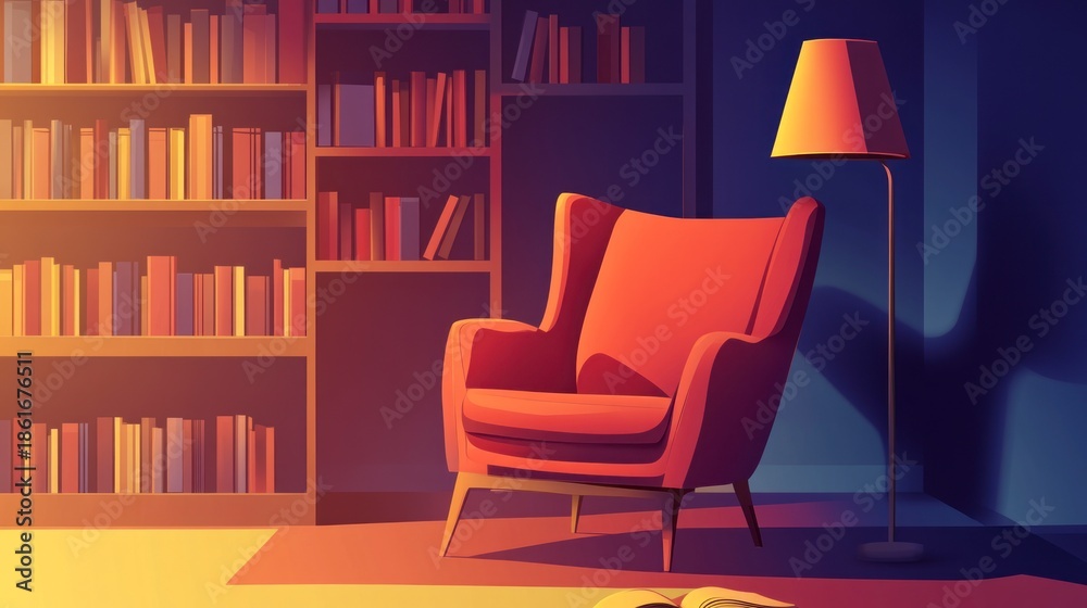 Fototapeta premium Cozy reading nook illustration with armchair bookshelf and warm lighting