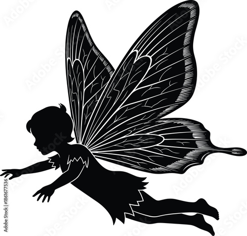 Magical fairy silhouette with butterfly wings flying isolated on white background, whimsical fantasy character vector illustration for kids nursery and stickers
