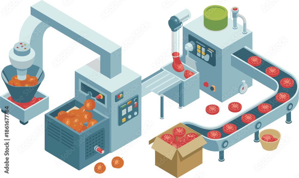 Obraz premium Isometric food processing production line with automated machines and conveyor belt, tomato factory, industrial manufacturing, packaging illustration