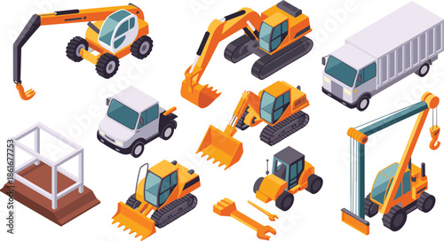 Isometric construction vehicles set including excavators trucks and cranes, heavy machinery collection, industrial equipment, building site illustration vector