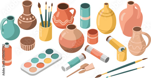 Isometric pottery and ceramics tools collection with clay vases paints and brushes, handmade craft supplies, artistic workshop illustration