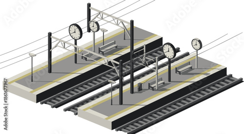Isometric train station platform with railway tracks clocks and benches, public transport infrastructure, urban transit, modern illustration
