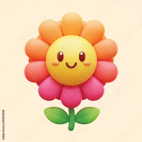 Cheerful cartoon flower emoji with colorful petals and a smiling face in pastel tones.