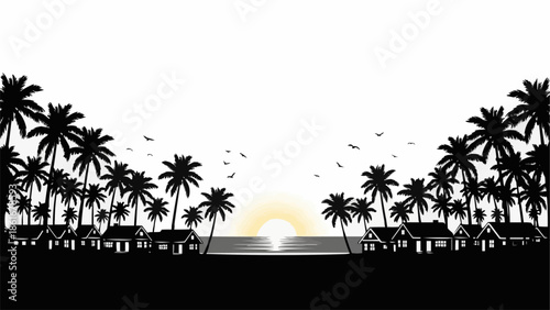 Tropical Beach Village Silhouette at Sunset with Palm Trees and Ocean View.