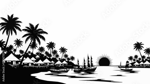 Tropical island beach resort with palm trees and sailboats at sunset.