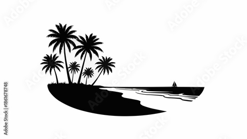 Tropical island beach with palm trees and ocean waves.