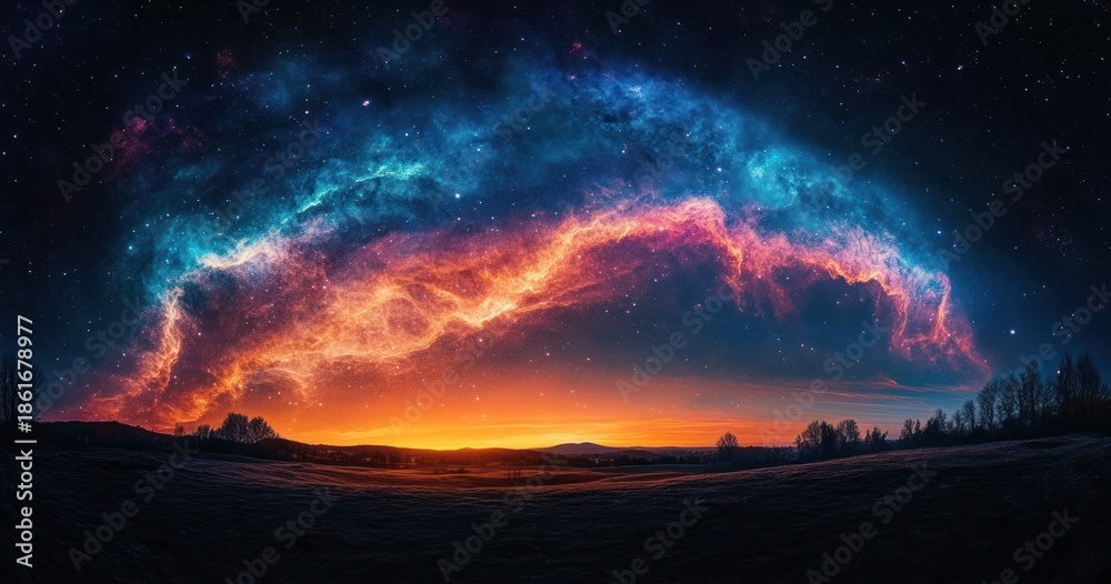 Fototapeta premium silhouetted rolling hills and trees beneath a vivid arching nebula sky at glowing sunset, awe-inspiring celestial panorama