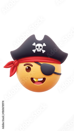 Playful pirate emoji with eye patch and bandana, smiling and ready for adventure.
