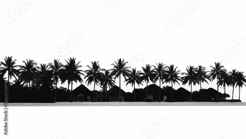 Tropical Island Silhouette with Palm Trees and Huts.
