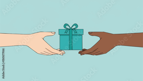 Two hands exchanging a teal gift box with a ribbon.