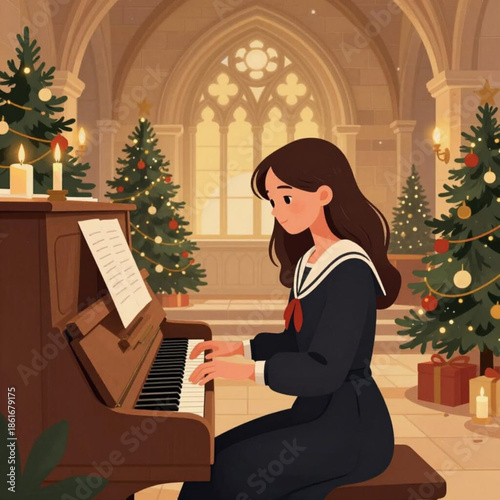 A young woman plays the piano, filling a festive hall adorned with christmas trees and glowing candles