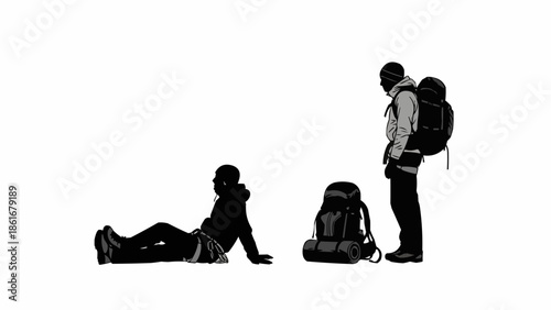 Two Hikers Resting with Backpacks on White Background.