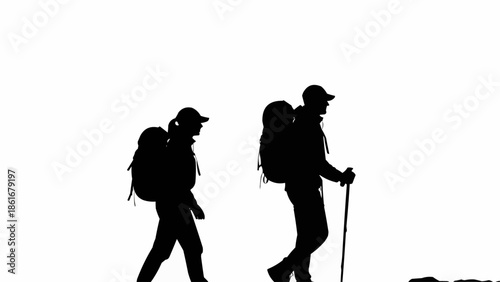 Two hikers with backpacks walking on a white background.