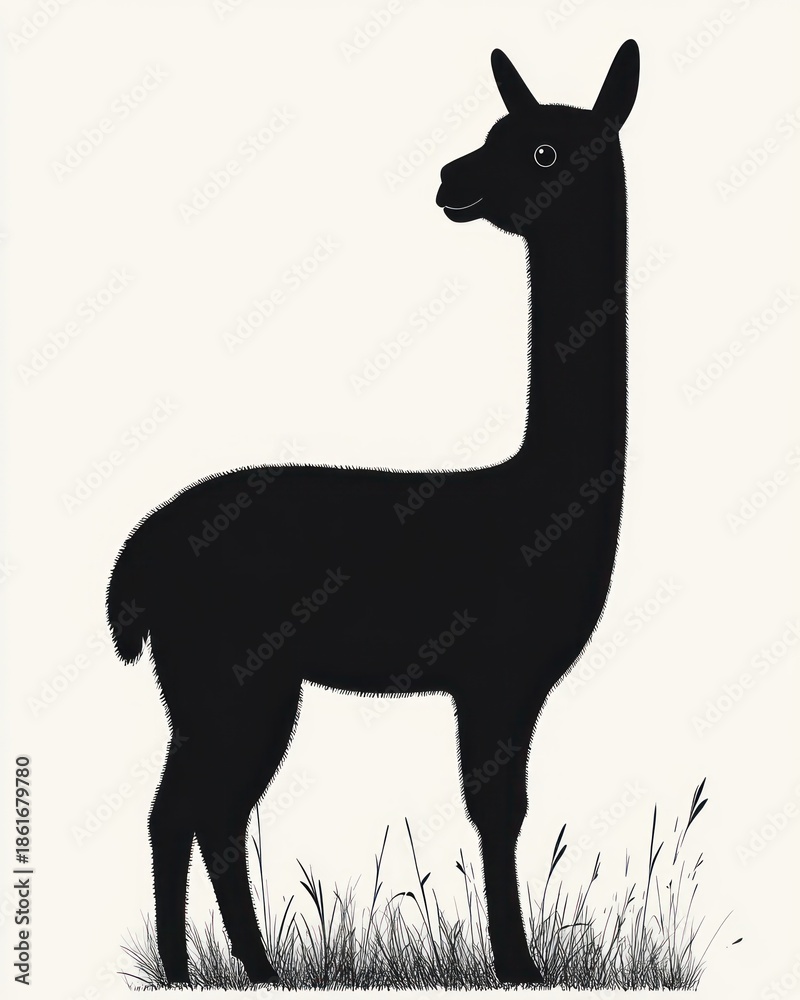 Fototapeta premium black silhouette of a standing llama on grass with a calm curious expression