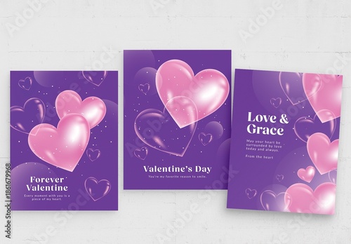 Valentines Day Flyer Poster Template in Cute Purple & Pink Hues with 3D Glass Love Heart Concept