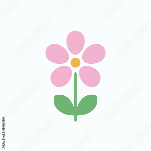 Simple pink flower with green leaves and yellow center