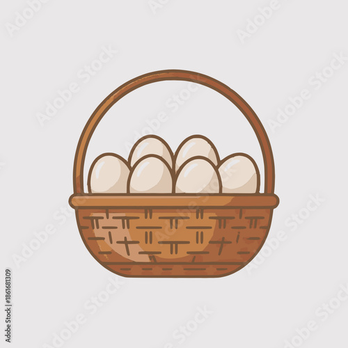Brown wicker basket filled with white eggs on light background