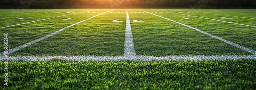 empty sunlit green football field at midfield with crisp white yard lines and numbers, calm anticipatory sunset glow on the horizon