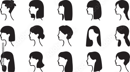 Collection of fifteen distinct female head silhouettes displays various short and long hairstyles suitable for beauty or cosmetic branding concepts.