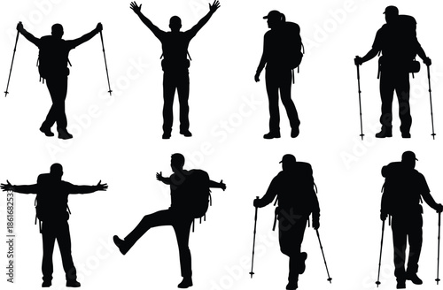 Black silhouette illustrations of hikers with backpacks and trekking poles in various outdoor adventure poses, symbolizing hiking, travel, and exploration
