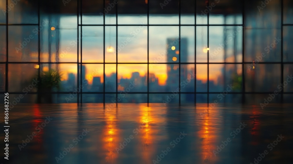 Fototapeta premium Empty polished interior with floor-to-ceiling grid windows overlooking a blurred city skyline at sunset, warm golden reflections on the floor and a calm, contemplative atmosphere