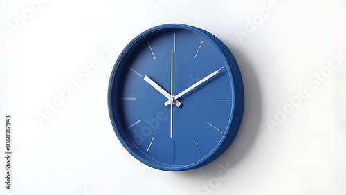 Free Download A simple, modern round clock in blue hangs on a white wall, showing time with silver hands and minimalistic markers - GFXLoad