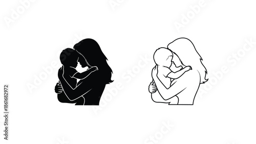Two depictions of a loving embrace a solid black and a white outline