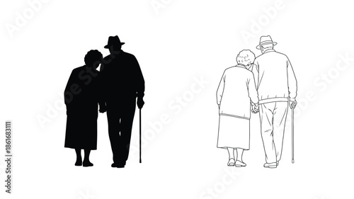 Silhouette and outline depictions of an elderly couple walking together