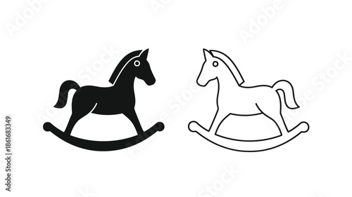 Two rocking horse illustrations one black and one white side by side