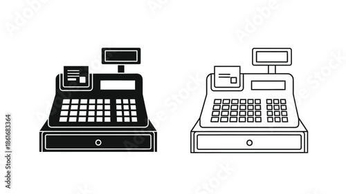 Two black and white line art illustrations of vintage cash registers