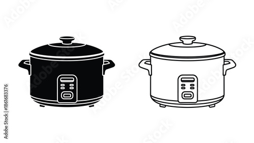 Black and white illustrations of two electric rice cookers with handles