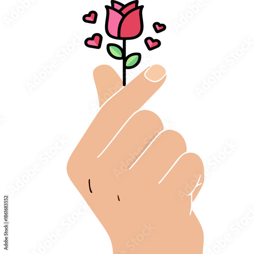 A hand forming a heart shape with a rose and hearts above it, symbolizing love and affection
