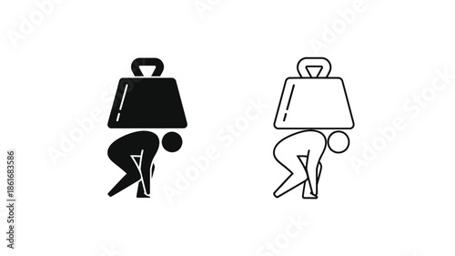 Weightlifting pose icon set solid black and outlined versions depicted