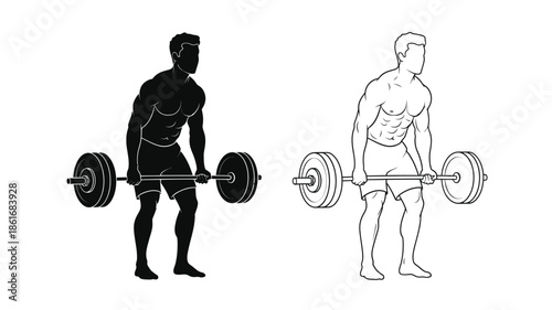 Illustration of a man performing a barbell deadlift exercise front and side view